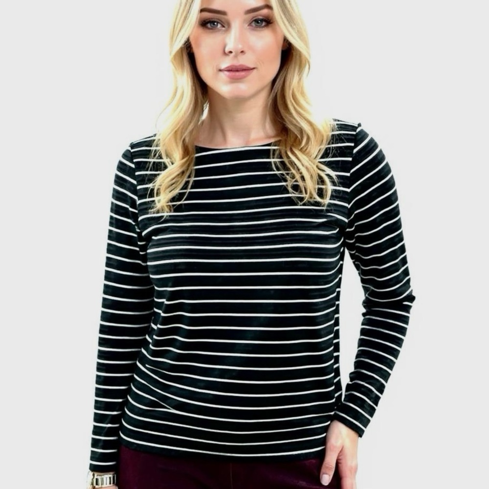 Talbots Women's Sz S P Black White Stripe Textured Top Back Zipper Long Sleeve